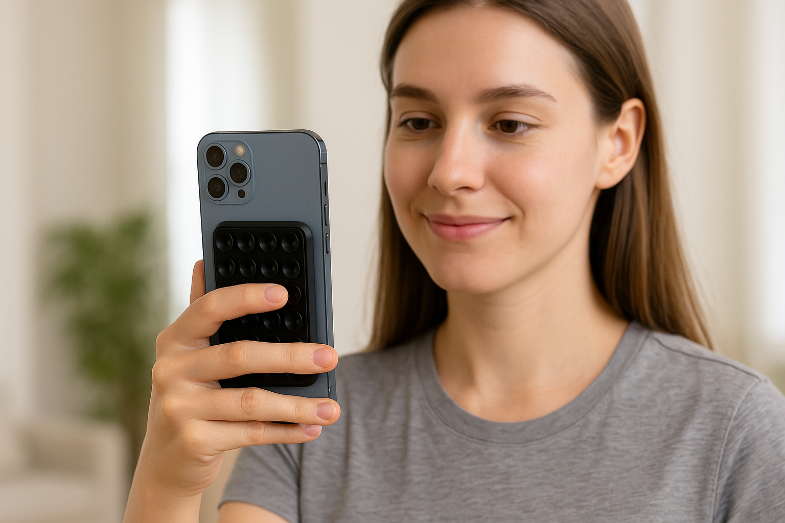 Persona usando soporte celular rectangular con ventosa