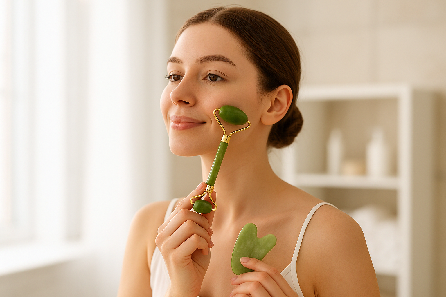 Personas usando rodillo facial con piedra Gua Sha